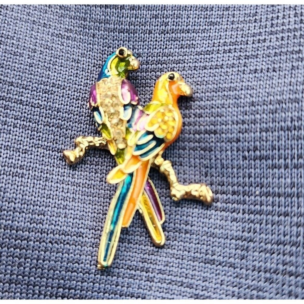 Macaw Parrot Pendant 2 Birds Metal Gold Tone 2" On Perch Multicolor